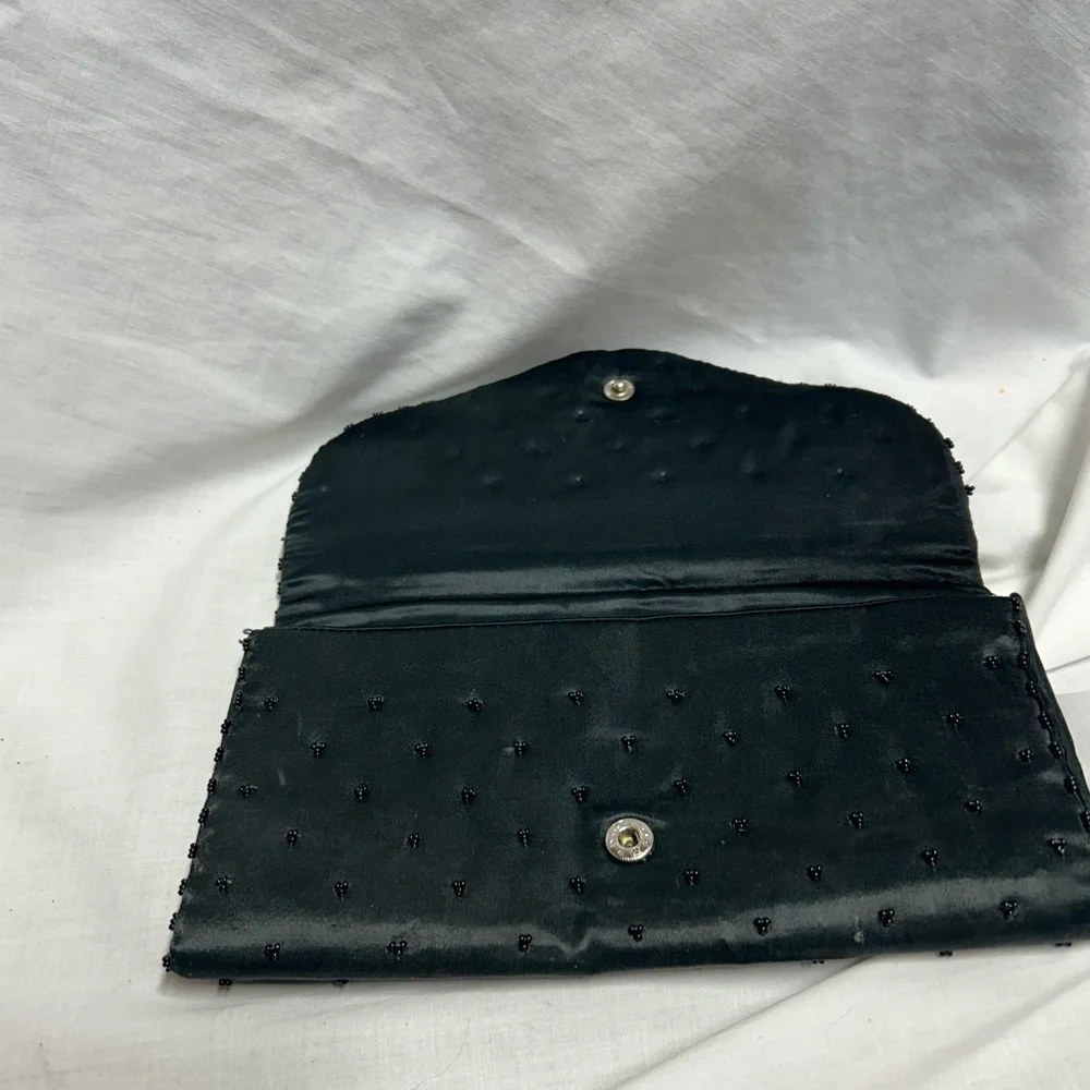 Nice Vintage Art Deco Clutch Black Beaded Sequin Satin Made In Hong Kong - Picture 4 of 9